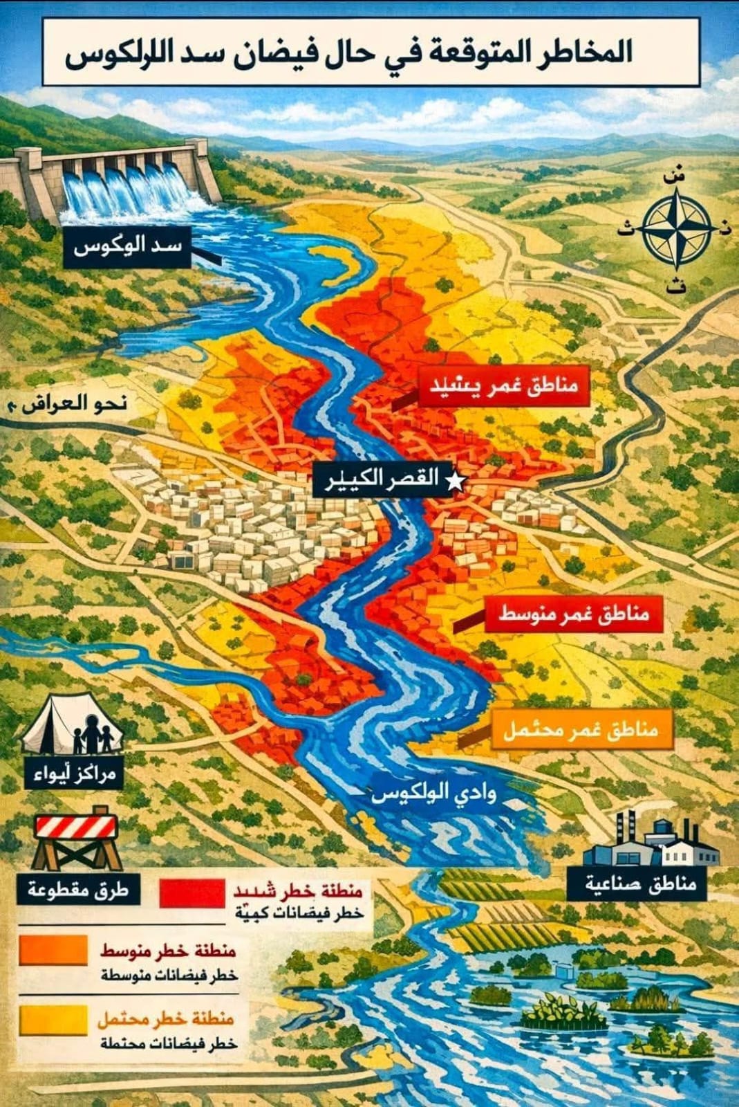 صورة لوضعية  سد واد المخازن و مدينة لقصر لكبير  ،