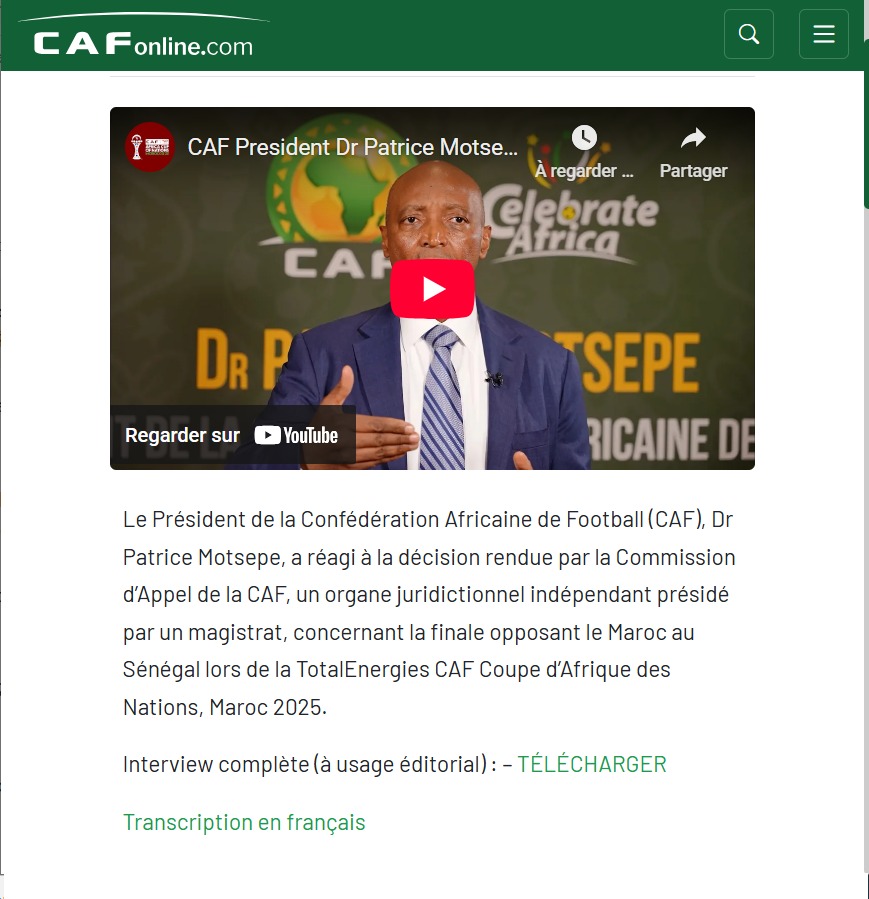 باتريس موتسيبي يعلق على قرار لجنة الاستئناف بشأن نهائي كأس أمم إفريقيا 2025